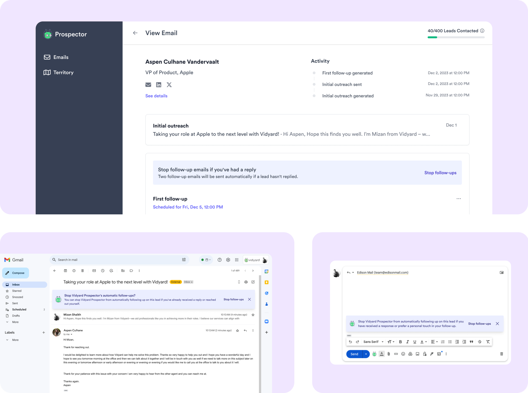 The Stop follow-ups banner — offered in the Prospector app, in Gmail, and in other mail clients, to halt automatic follow-ups on a thread